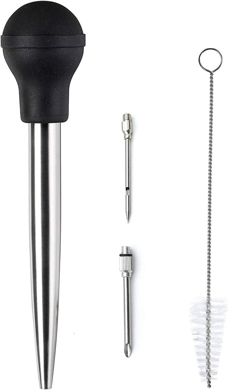 Stainless Steel Turkey Baster with Cleaning Brush - Food Grade Syringe Baster for Cooking & Basting with 2 Marinade Injector Needles - Ideal for Butter Dripping, Roasting Juices for Poultry (Black)