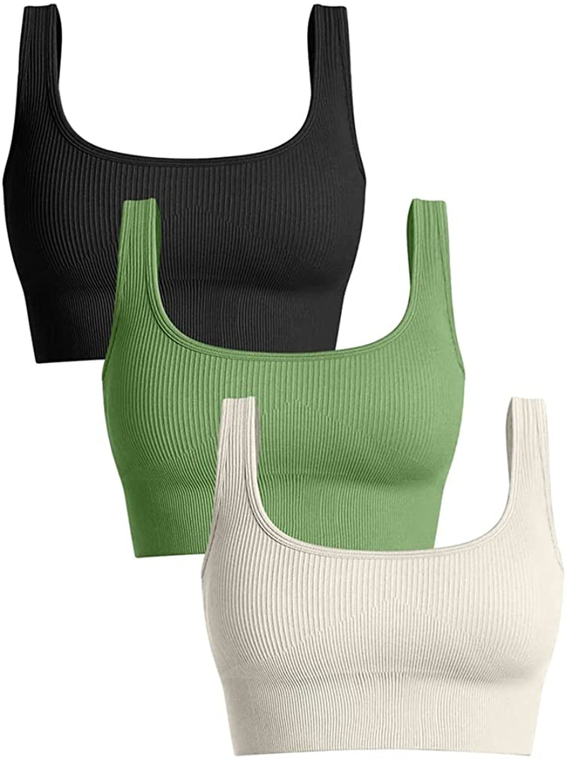 OQQ Women'S 3 Piece Medium Support Tank Top Ribbed Seamless Removable Cups Workout Exercise Sport Bra Sporting Goods > Outdoor Recreation > Winter Sports & Activities OQQ Black Green Beige Medium 