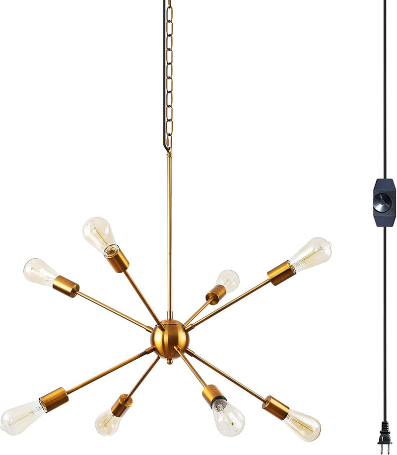 HOXIYA Dimmable 26.3" Modern Plug in Sputnik Chandelier with Cord, Brushed Brass 8-Lights Pendant Light Fixture, Midcentury Hanging Ceiling Lighting for Foyer, Entryway, Bedroom, Dining Room, Kitchen Home & Garden > Lighting > Lighting Fixtures > Chandeliers HOXIYA Gold Plug In 8-Light 