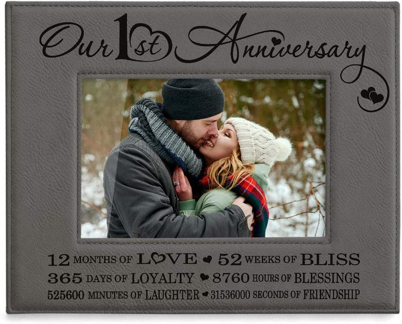 KATE POSH Our First (1St) Anniversary Engraved Leather Picture Frame - Gifts for Couple, Gifts for Him, Gift for Her, Paper, Photo Frame, First Wedding (5X7-Horizontal) Home & Garden > Decor > Picture Frames KATE POSH 4x6-Horizontal (Grey)  
