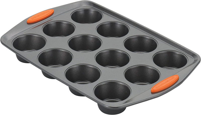 Rachael Ray Yum-O! Nonstick Bakeware 12-Cup Muffin Tin with Grips / Nonstick 12-Cup Cupcake Tin with Grips - 12 Cup, Gray with Red Grips