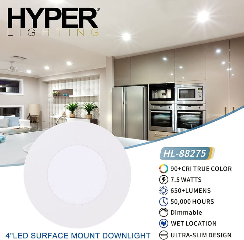 HYPER LIGHTING HL-88275 4Inch LED Surface Mount Downlight, UL Certified, 90 CRI,CCT Color Selectable 2700K | 3000K | 3500K | 4000K | 5000K,Energy Star, Wet Rated,Ultra-Slim Design (1Pcs)