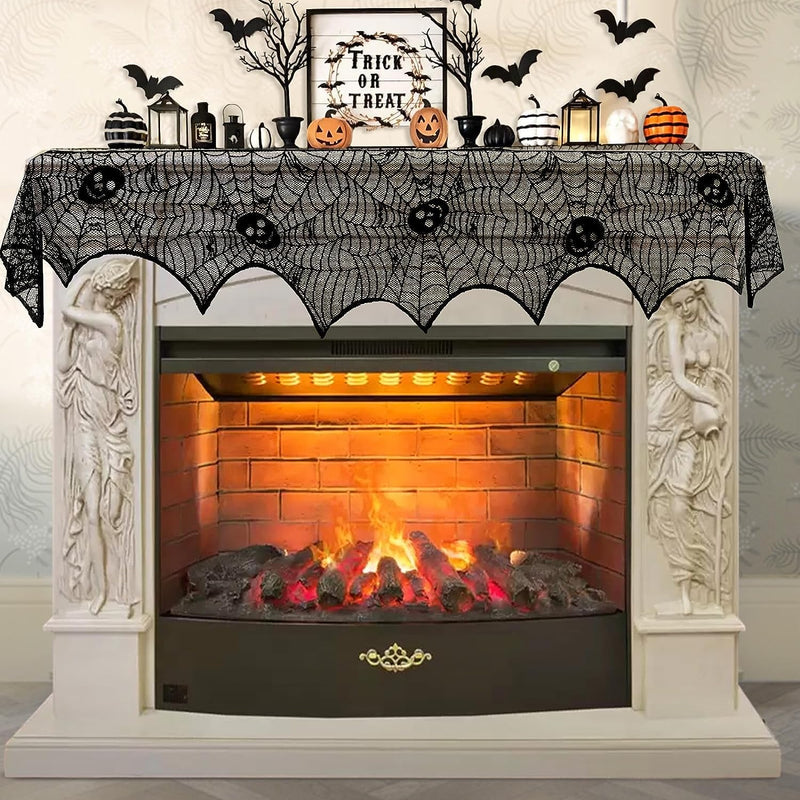 Aerwo Halloween Decorations Black Lace Spiderweb Fireplace Mantle Scarf Cover for Halloween Mantle Decor Festive Party Supplies,18 X 96 Inch  AerWo Black 2  
