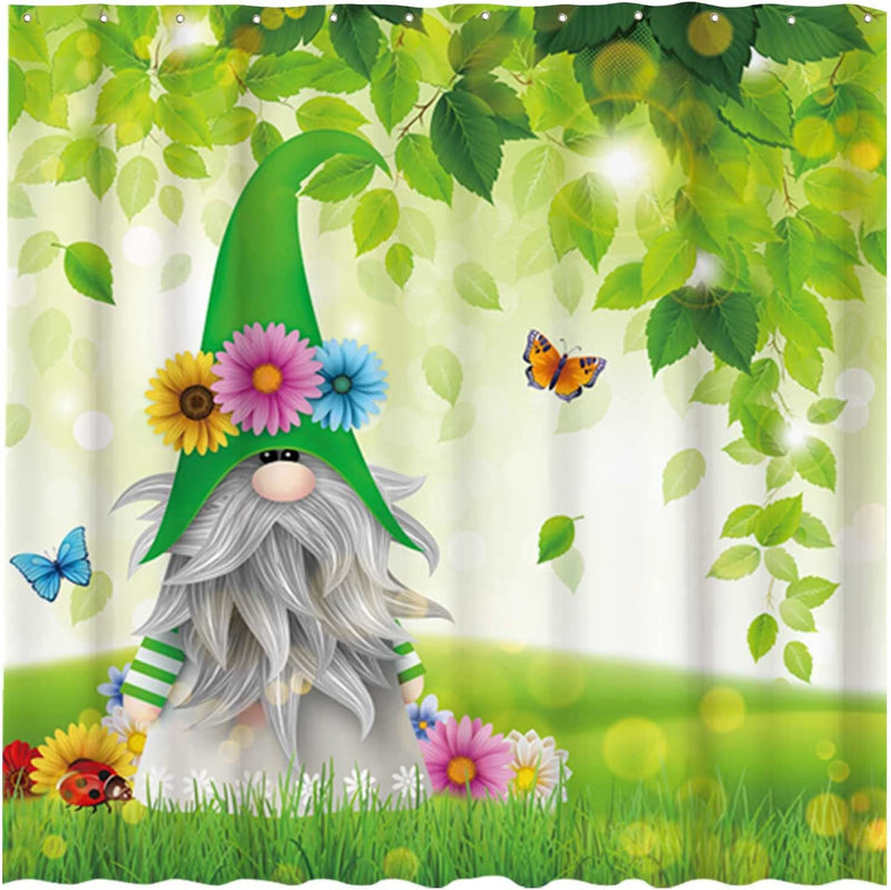 Funnytree Spring Gnomes Shower Curtain Green Leaves Butterfly Flower Grass Home Bathtubs Bathroom Curtain Decoration Set 12 Hooks Washable Durable Polyester Fabric 72"X72" Home & Garden > Decor > Seasonal & Holiday Decorations Funnytree   