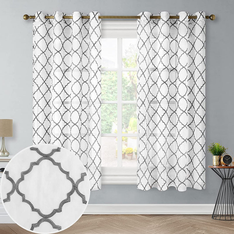 HOMEDIAS Grey Moroccan Sheer Curtains Embroidery Curtains for Bedroom Room 52 X 84 Inch Long Grommet Top Semi Sheer Curtains Light Filtering Voile Curtains 2 Panels Window Curtains Home & Garden > Decor > Window Treatments > Curtains & Drapes HOMEIDEAS Grey-moroccan 52"W X 63"L 