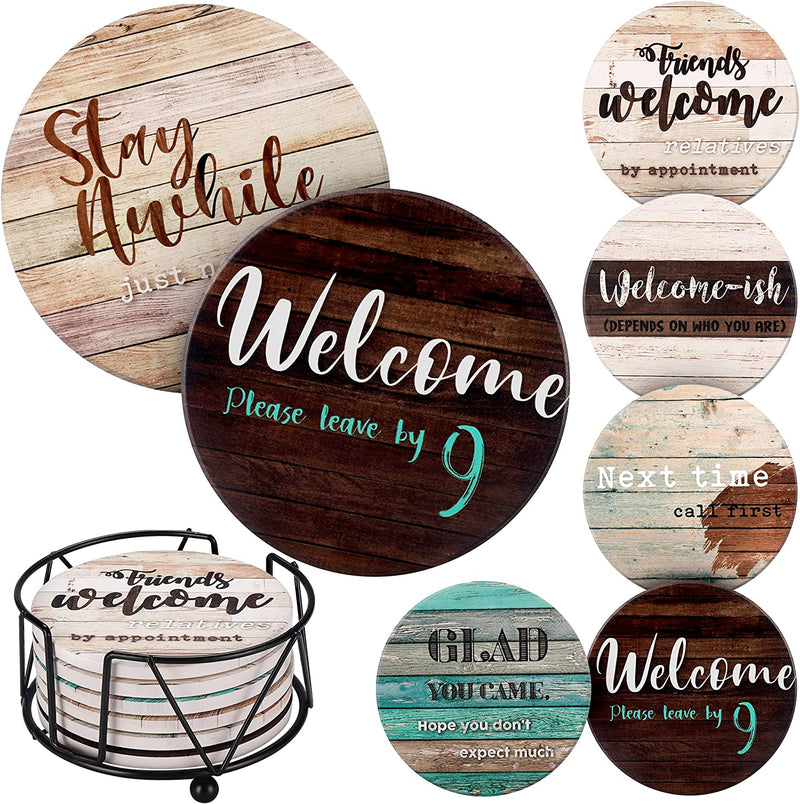 Funny Coasters for Coffee Table - 6 Sarcastic Absorbent Stone Cork Drink Coasters, Farmhouse Bar Coasters for Drinks with Holder, Cool Housewarming Gift, New Home - Cup Coster for Wooden Table Home & Garden > Kitchen & Dining > Barware Ultimate Hostess   