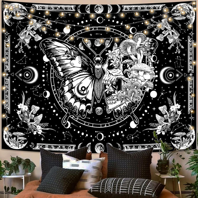 Fungarth Skeleton Butterfly Tapestry Skull Botanical Moon Flower Mushroom Tapestry Bedroom Hippie Pink Plant Aesthetic Tapestries Wall Hanging for Living Room Dorm (Pink, 60” X 44”)  Fungarth Black 44.00” X 60.00” 