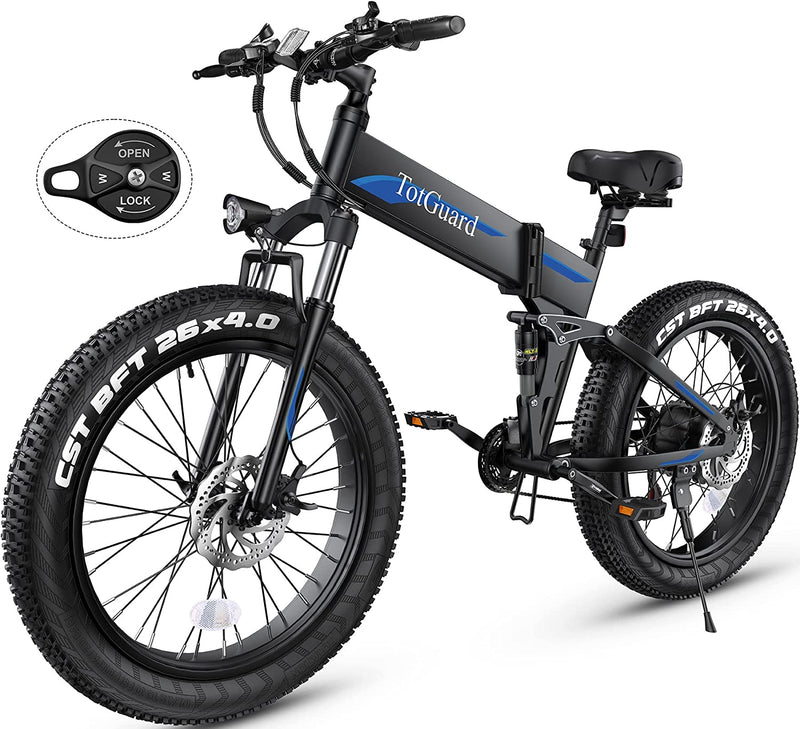 Electric Bike, 26'' Fat Tire Electric Bike 500W 21.6MPH Removable 48V/10Ah Battery, Adult Mountain Snow Beach Electric Bike with Lockable Suspension Fork, Shimano 21 Speed Gears Folding Electric Bike Sporting Goods > Outdoor Recreation > Cycling > Bicycles Shenzhen Chirrey Technology Co., Ltd A-Blue  