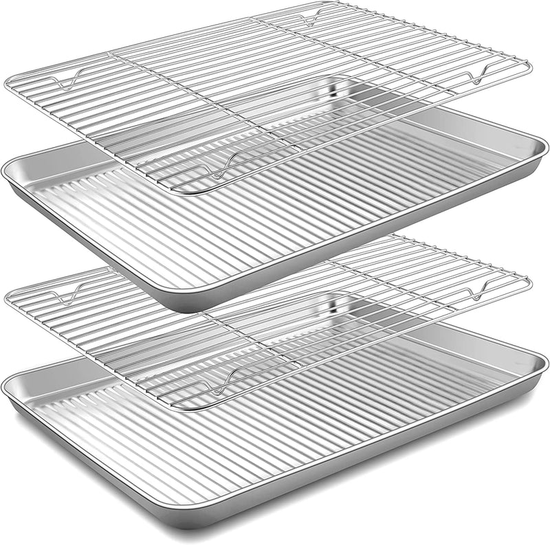 Herogo Stainless Steel Baking Pan Sheet with Cooling Rack Set, 16 X 12 X 1 Inch, Fluted Nonstick Bakeware Cookies Sheet Tray for Oven Baking, Rust Resistant, Dishwasher Safe Home & Garden > Kitchen & Dining > Cookware & Bakeware Herogo 4 16'' x 12'' x 1'' 