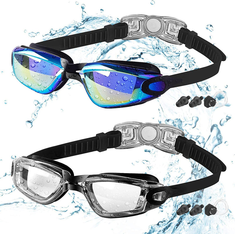 Kids Swim Goggles, 2 Packs Swimming Goggles for Kids Girls Boys and Child Age 4-16 Sporting Goods > Outdoor Recreation > Boating & Water Sports > Swimming > Swim Goggles & Masks COOLOO 06.black/Blue Ultramirrored Lens&black/Clear Lens  