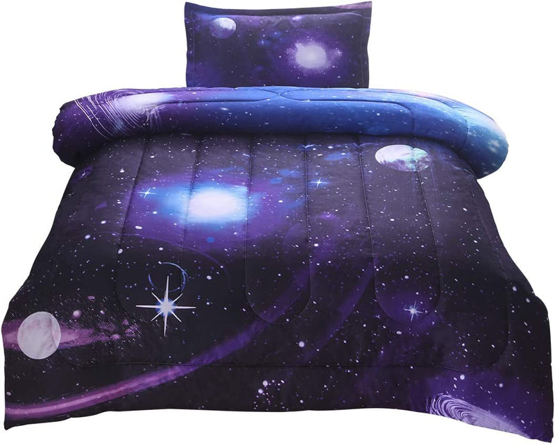 Jqinhome Twin Galaxy Comforter Sets 5 Piece Bed in a Bag, Outer Space Themed Bedding for Children Boy Girl Teen Kids - (1 Comforter, 1 Flat Sheet, 1 Fitted Sheet, 1 Pillowsham, 1 Cushion Cover) Home & Garden > Linens & Bedding > Bedding JQinHome Purple Twin(2pc) 