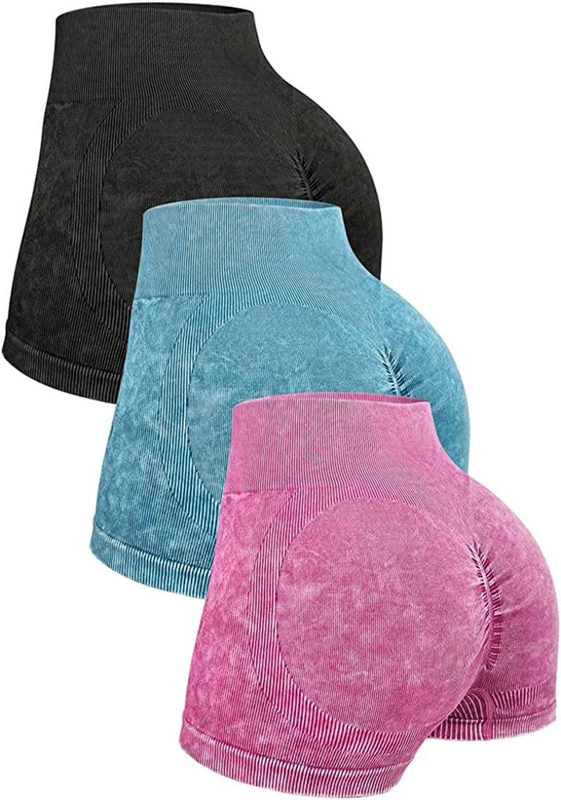 OQQ Women'S 3 Piece High Waist Workout Shorts Ribbed Acid Wash Butt Lifting Tummy Control Ruched Booty Yoga Short Pants Sporting Goods > Outdoor Recreation > Winter Sports & Activities OQQ Black Teal Darkpink Medium 