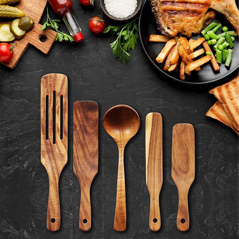 Spurtle Set - 6 Piece Wooden Kitchen Tools - Eco-Friendly with Natural Acacia Wood Soup Ladle & Stainless Steel Utensil Holder for Cooking, Baking, Mixing, and Serving by Waysh Home & Garden > Kitchen & Dining > Kitchen Tools & Utensils Mersur   