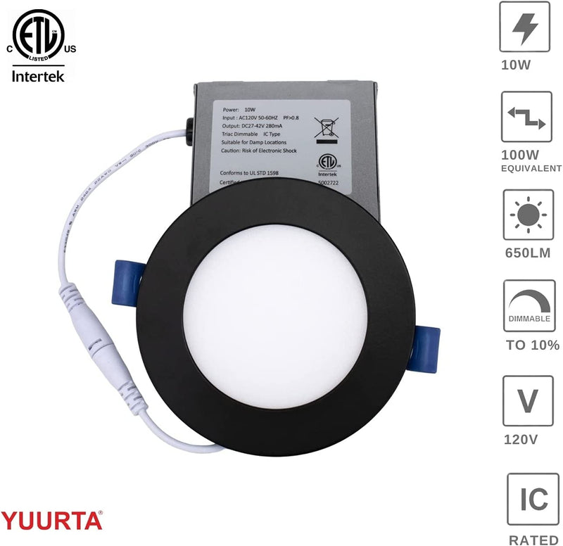 YUURTA (10-Pack) 4-Inch 10W Color Changeable/Selectable 3CCT: 3000K/4000K/5000K Recessed LED Downlight (Canless Pot Light) 120V Dimmable Slim Light Panel ETL Listed IC Rated (3CCT, Black Trim) Home & Garden > Lighting > Flood & Spot Lights TADA Planet Corp.   