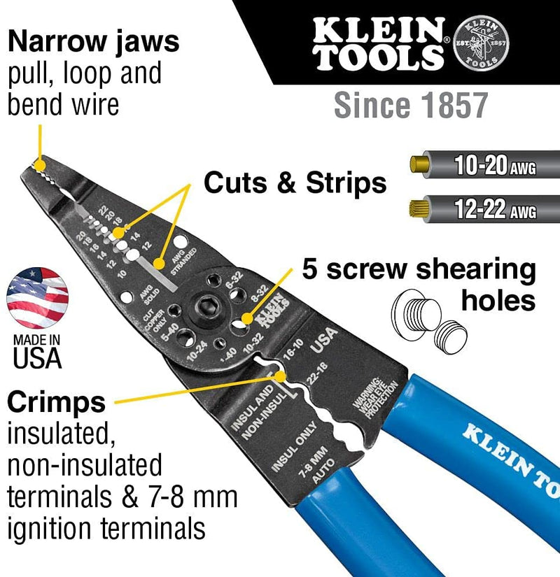 Klein Tools 1010 Multi Tool Long Nose Wire Cutter, Wire Crimper, Stripper and Bolt Cutter Multi-Purpose Electrician Tool, 8-Inch Long Sporting Goods > Outdoor Recreation > Fishing > Fishing Rods Klein Tools   