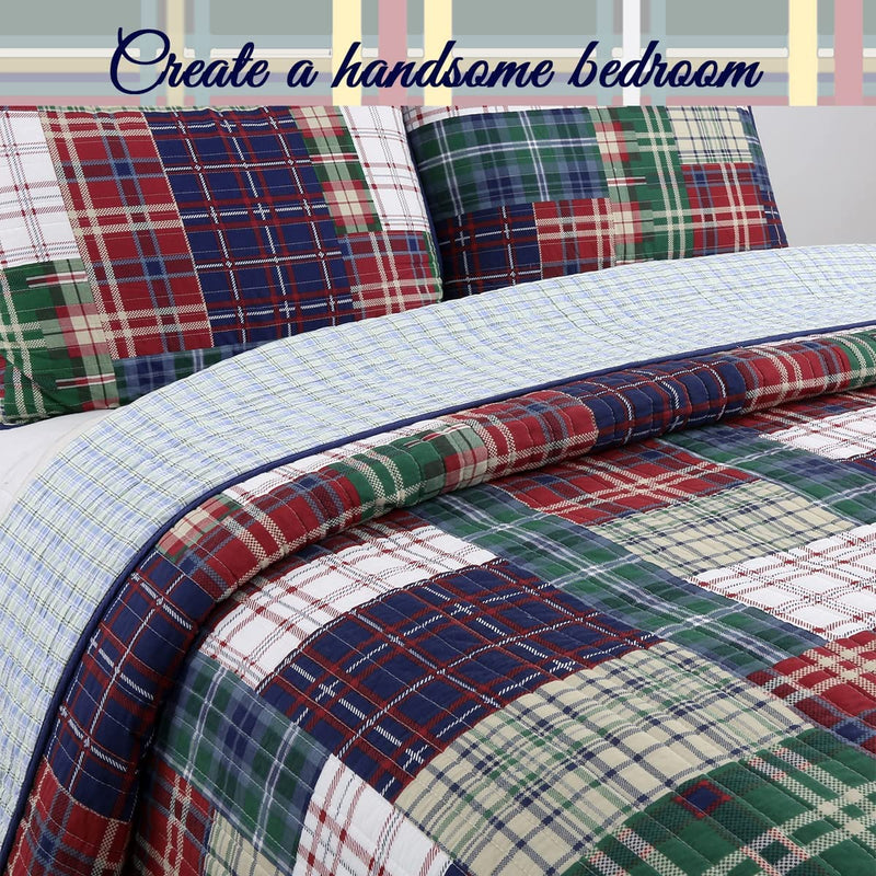 Cozy Line Home Fashions Nate Patchwork Navy/Blue/Green/Red Plaid Cotton Quilt Bedding Set, Reversible Coverlet,Bedspread for Boy/Men/Him (England Patchwork, Queen - 3 Piece) Home & Garden > Linens & Bedding > Bedding Cozy Line Home Fashions   