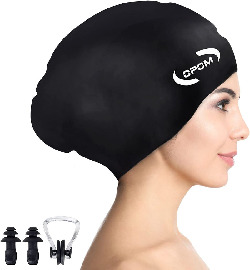 Women Silicone Swimming Cap, High Elasticity Thick Swim Hats for Long Hair, Bathing Swimming Caps for Women and Men Keep Your Hair Dry, with Ear Plugs and Nose Clip, Easy to Put on and Off Sporting Goods > Outdoor Recreation > Boating & Water Sports > Swimming > Swim Caps china black  