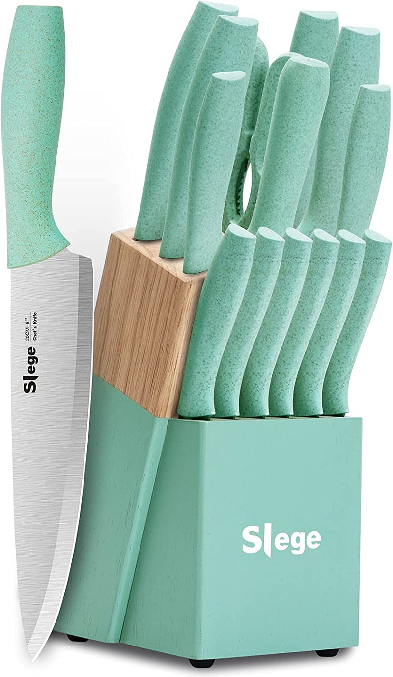 Knife Set, 15-Piece Kitchen Knifes with Wooden Block, Professional Chef Knife Sets with Sharpener Scissors, Stainless Steel Sharp Knives for Home, Green Wheat Straw Handle, Light Home & Garden > Kitchen & Dining > Kitchen Tools & Utensils > Kitchen Knives Slege green 15 pcs  