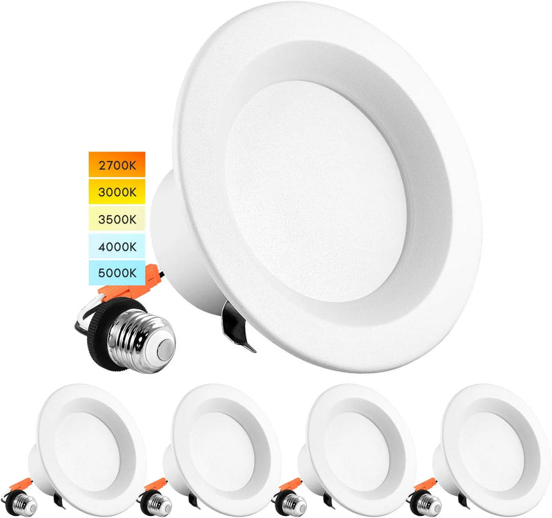 Luxrite 4 Inch LED Recessed Can Lights, 10W=60W, CCT Color Selectable 2700K | 3000K | 3500K | 4000K | 5000K, Dimmable Retrofit Downlights, 750 Lumens, Energy Star, Wet Rated, ETL Listed (4 Pack)