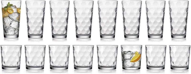 Drinking Glasses Set of 16 - by Home Essentials & beyond - 8 Highball Glasses (17 Oz.), 8 Rocks Whiskey Glass Cups (13 Oz.), Inner Circular Lensed Kitchen Glass Cups for Water, Juice and Cocktails.
