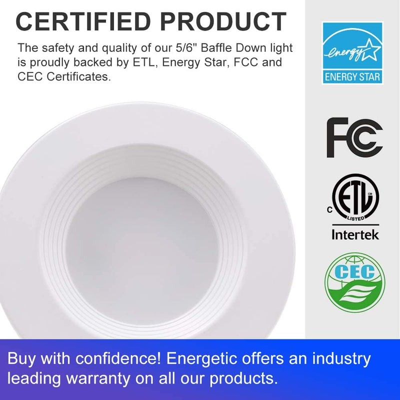 Energetic 12 Pack 5/6 Inch 5CCT LED Recessed Downlight, Baffle Trim, Wet Rated, E26 Base Screw In, 10.5W=85W, Dimmable, Simple Retrofit Installation, Energy Star & ETL Listed