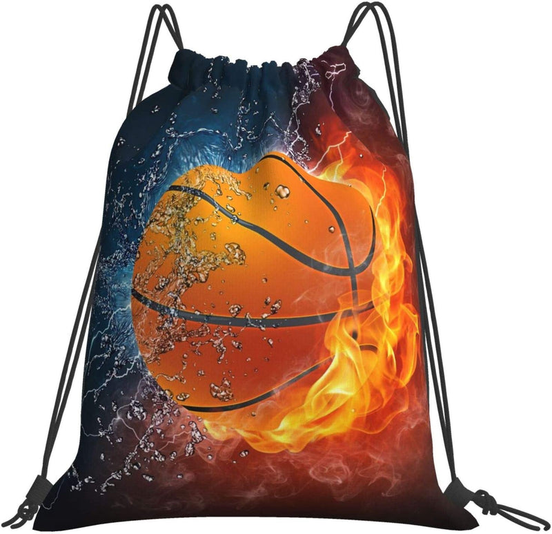 Drawstring Backpack for Men Boy String Bag Sackpack Cinch for Gym Shopping Sport Yoga School Travel-Water Fire Basketball
