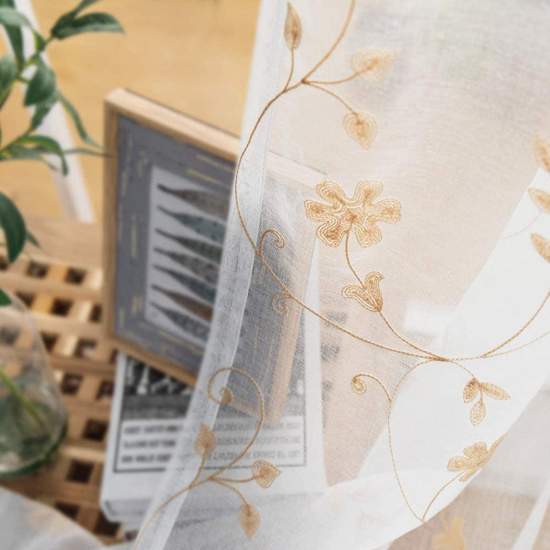Floral Embroidery Gold Sheer Curtains 84 Inches Long, Rod Pocket Sheer Drapes for Living Room, Bedroom, 2 Panels, 52"X84", Semi Crinkle Voile Window Treatments for Yard, Patio, Villa, Parlor. Home & Garden > Decor > Window Treatments > Curtains & Drapes MYSTIC-HOME   