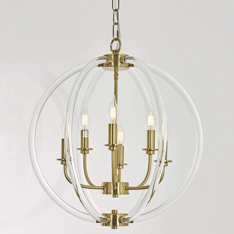 Modern Pendant Light Farmhouse Chandelier, 4 Light with Clear Acrylic Lampshades and Brass Finish, Pendant Lighting for Kitchen Island, Dining Room, Bathroom and Foyer Home & Garden > Lighting > Lighting Fixtures > Chandeliers Reaketon 6-Light  