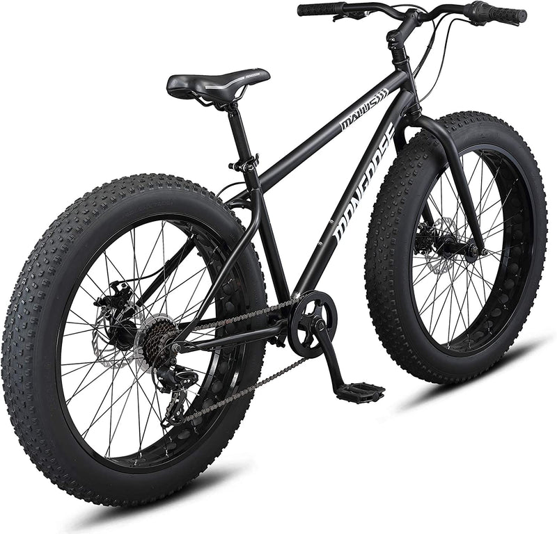 Mongoose Malus Adult Fat Tire Mountain Bike, 26-Inch Wheels, 7-Speed, Twist Shifters, Steel Frame, Mechanical Disc Brakes, Multiple Colors
