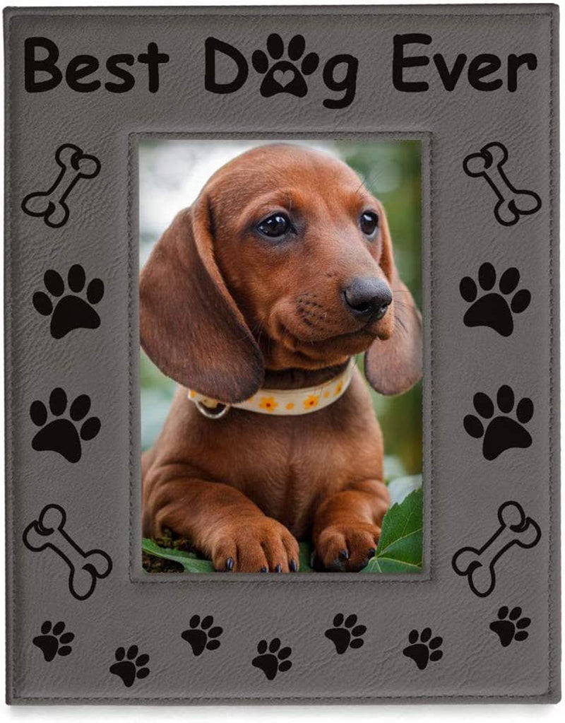 KATE POSH - Best Dog Ever Engraved Leather Picture Frame - Dog Lover Gifts, Dog Memorial Gifts, Birthday Gifts, Dog Paws and Bones Decor, Pet Memorial Gifts (4X6-Vertical)