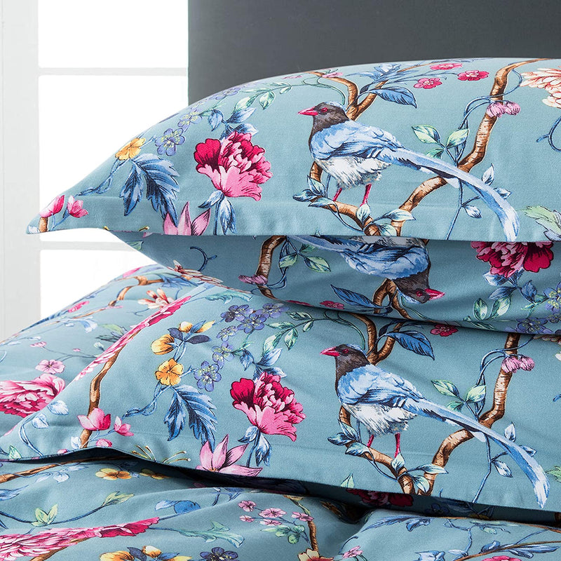 Eikei Botanical Garden Duvet Cover Washed Brushed 100-Percent Cotton Bedding Set Asian Chinoiserie Print Colorful Tropical Tree Branches and Birds Floral Pattern (Queen, Blue Dusk) Home & Garden > Linens & Bedding > Bedding Eikei   