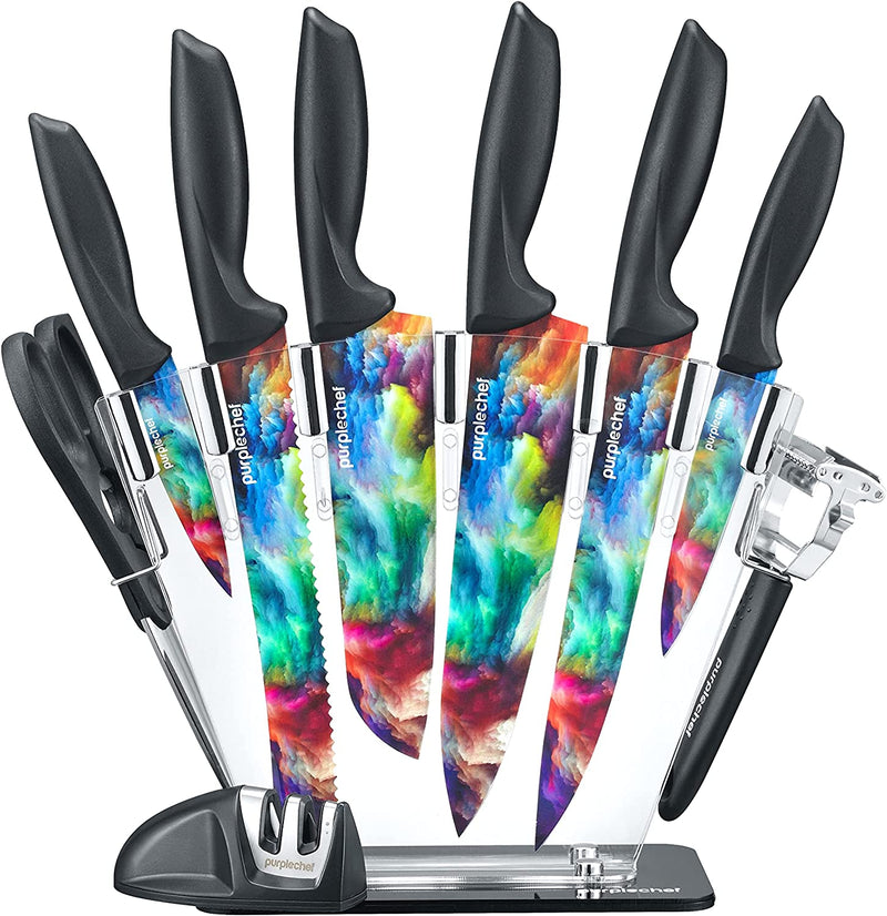 Purplechef 10 Pieces Purple Galaxy Kitchen Knives Set. Includes 6 Stainless Steel Knives, Scissors, Knife Sharpener, Peeler, and Clear Acrylic Stand. Home & Garden > Kitchen & Dining > Kitchen Tools & Utensils > Kitchen Knives purplechef Cosmos  