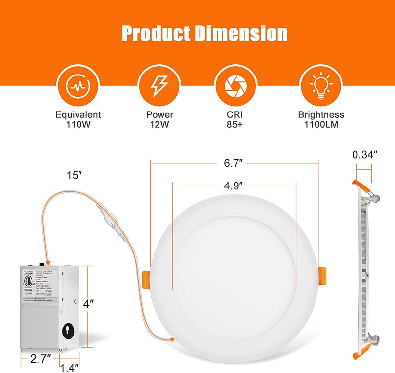 16 Pack Led Recessed Lighting 6 Inch, 5CCT Ultra Thin Recessed Light with Junction Box, 2700K-5000K Selectable, Dimmable Canless Slim Led Recessed Light Fixtures, 12W Eqv 110W, 1100LM Downlight - ETL Home & Garden > Lighting > Flood & Spot Lights LEDIARY   