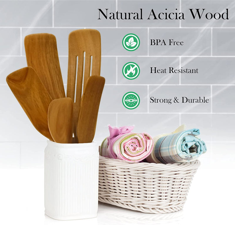Homeflowz Spurtles Kitchen Tools as Seen on TV - 6 PCS Wooden Spurtle Set - Natural Premium Heat Resistant Acacia Wood Spurtle Spatula Utensils for Non Stick Cookware - Mixing and Serving Spoons