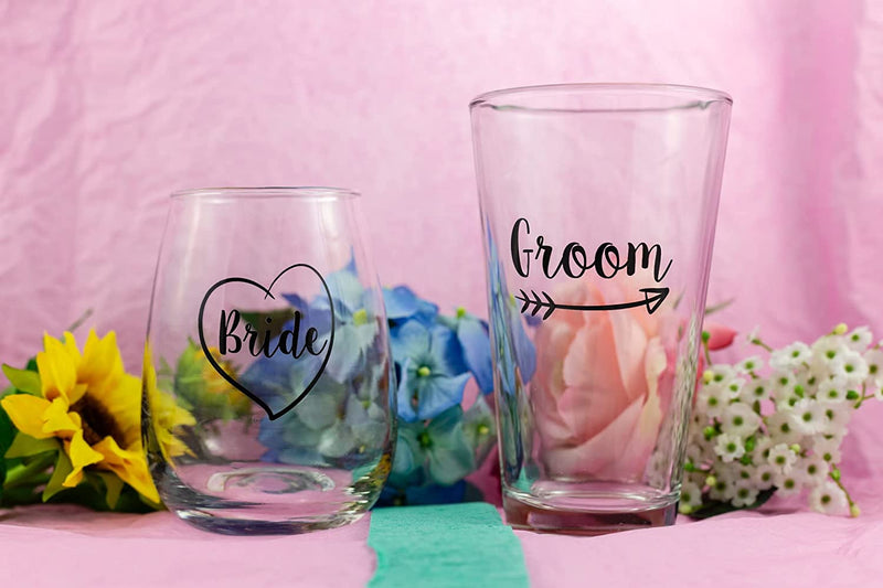 Cute Wedding Gifts - Bride and Groom Novelty Wine Glass and Beer Glass Combo - Engagement Gift for Couples Home & Garden > Kitchen & Dining > Tableware > Drinkware The Plympton Company   