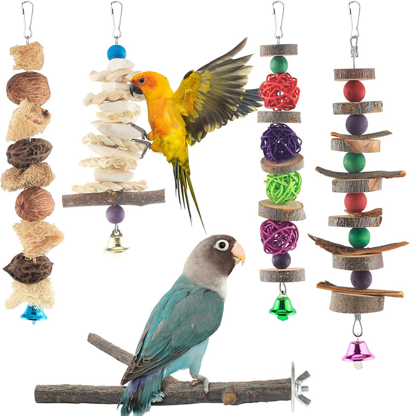 Bissap Bird Chew Toys, 5 Packs Parakeet Natural Wood Toys Parrot Hanging Cage Toy Bird Perch Stand for Small Bird Conure Cockatiel Parrotlet Lovebird Budgie