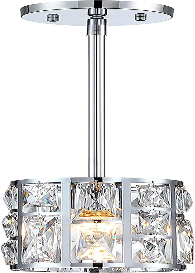 Farmhouse Crystal Convertible Chandelier and Semi Flush Mount Lighting Black Cylinder Drum Shade Pendant for Kitchen Island Dining Room Bedroom Hallway Home & Garden > Lighting > Lighting Fixtures > Chandeliers MEXO Chrome  