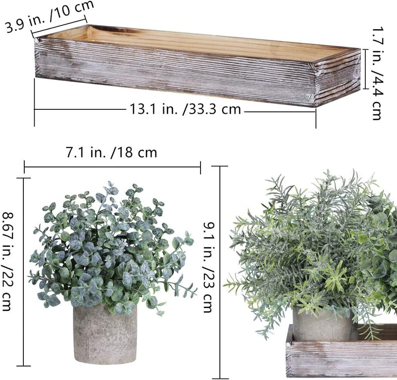 Set of 3 Mini Potted Artificial Eucalyptus Plants Faux Rosemary Plant Assortment with Wood Planter Box for Indoor Office Desk Apartment Wedding Tabletop Greenery Decorations 8.7" Tall
