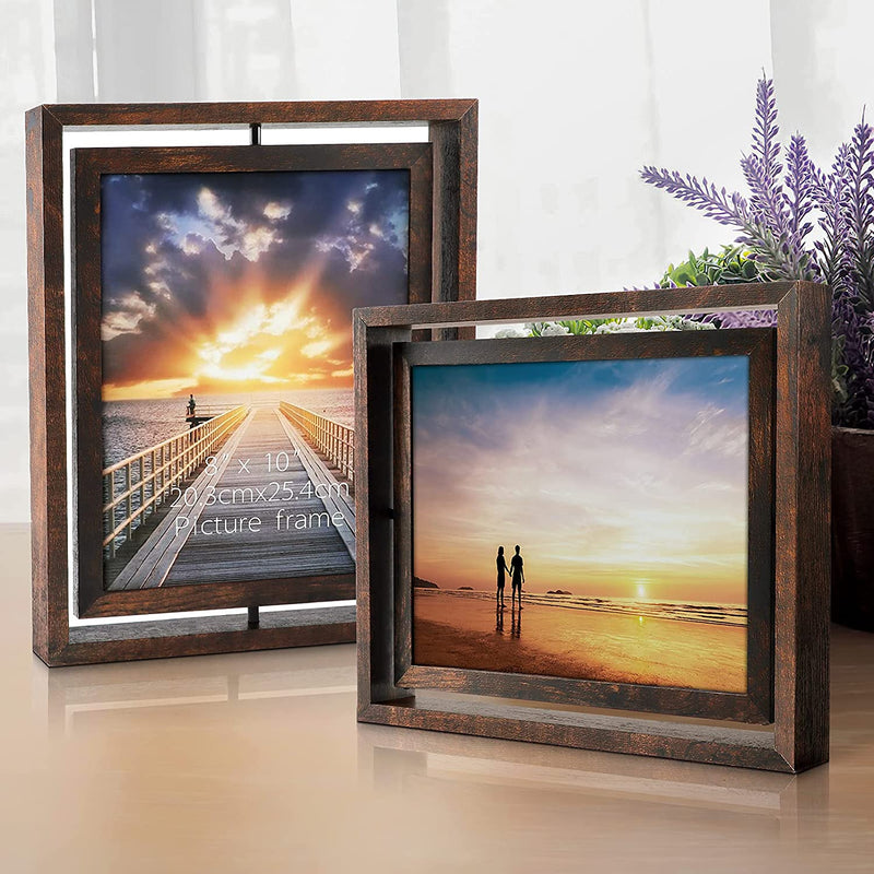 EXYGLO 2 Pack 8X10 Rustic Rotating Floating Picture Frames, Photo Frames for Vertical or Horizontal Tabletop Display, Brown