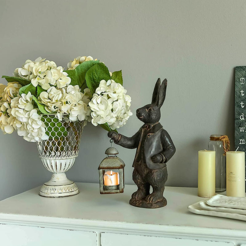 NIKKY HOME Easter Bunny Decorations - Vintage Metal Tealight Candle Lantern Holder Rabbit Resin Sculpture Bunny Figurine