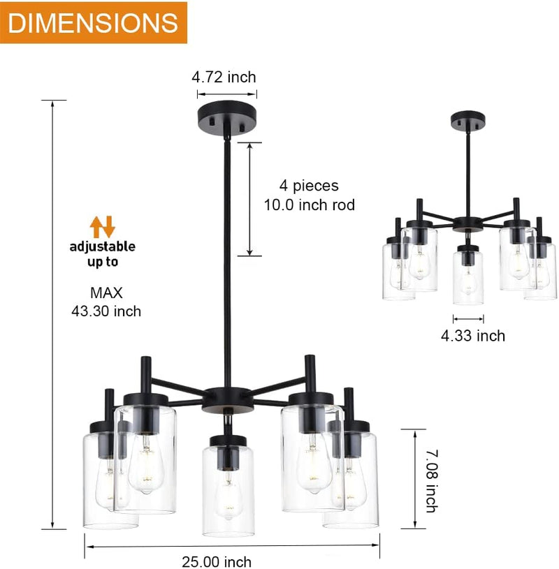 VINLUZ 5 Light Contemporary Chandeliers Black Modern Lighting Fixtures Hanging,Industrial Vintage Pendant Lights with Clear Glass Shade Flush Mount Ceiling Light for Dining Room Bedroom Home & Garden > Lighting > Lighting Fixtures VINLUZ   