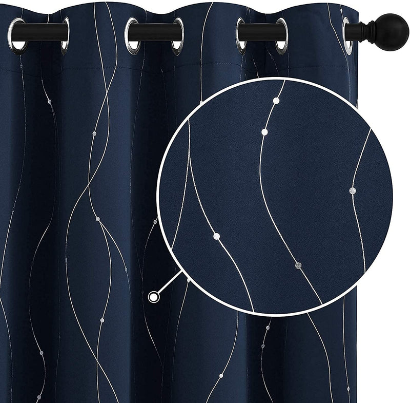 Stangh Set of 2 Printed Blackout Thermal Insulated Curtains for Kitchen, Grommet Foil Print Window Drapes with Silver Wave Line and Dots Design for Cafe Home Office, W52 X L45 Inch, Black, 2 Pieces Home & Garden > Decor > Window Treatments > Curtains & Drapes StangH Navy W52" x L63" 