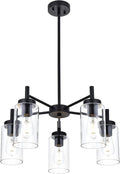 VINLUZ 5 Light Contemporary Chandeliers Black Modern Lighting Fixtures Hanging,Industrial Vintage Pendant Lights with Clear Glass Shade Flush Mount Ceiling Light for Dining Room Bedroom