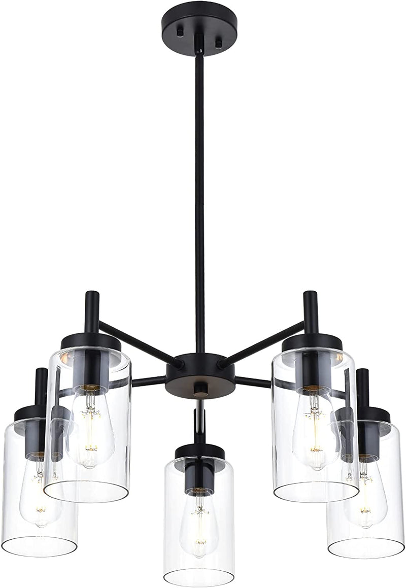 VINLUZ 5 Light Contemporary Chandeliers Black Modern Lighting Fixtures Hanging,Industrial Vintage Pendant Lights with Clear Glass Shade Flush Mount Ceiling Light for Dining Room Bedroom