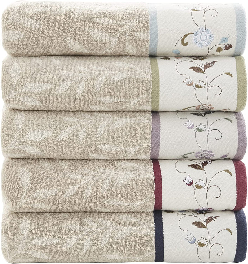Madison Park Serene 100% Cotton Bath Towel Set Luxurious Floral Embroidered Cotton Jacquard Design, Soft and Highly Absorbent for Shower, Multi-Sizes, Purple 6 Piece