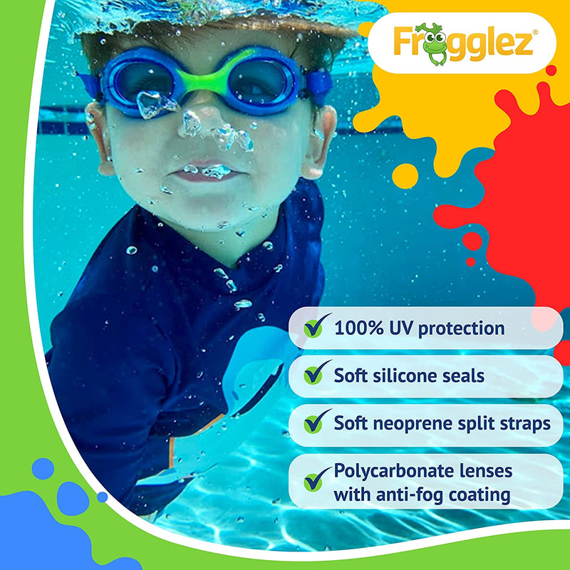 Frogglez Anti-Fog Swimming Goggles for Kids under 10 (Ages 3-10) Recommended by Olympic Swimmers; Premium Pain-Free Strap