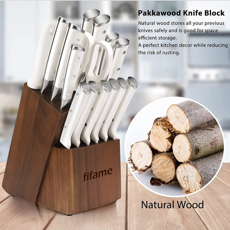 Knife Set with Block, 16-Piece Kitchen Knife Set, Manual Sharpener for Chef Knife Set, German High-Carbon Stainless Steel & Ultra Sharp Full Tang Forged Knives - White Home & Garden > Kitchen & Dining > Kitchen Tools & Utensils > Kitchen Knives fifame   