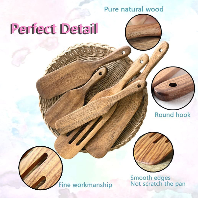 Spurtle Set - 5Pcs Wooden Spurtle Set Spatula Set - Wooden Spoons for Cooking - Spurtles Kitchen Tools as Seen on TV - for Cooking, Stirring, Mixing - with Stand and Cooking Towel Home & Garden > Kitchen & Dining > Kitchen Tools & Utensils kaixiaoru   