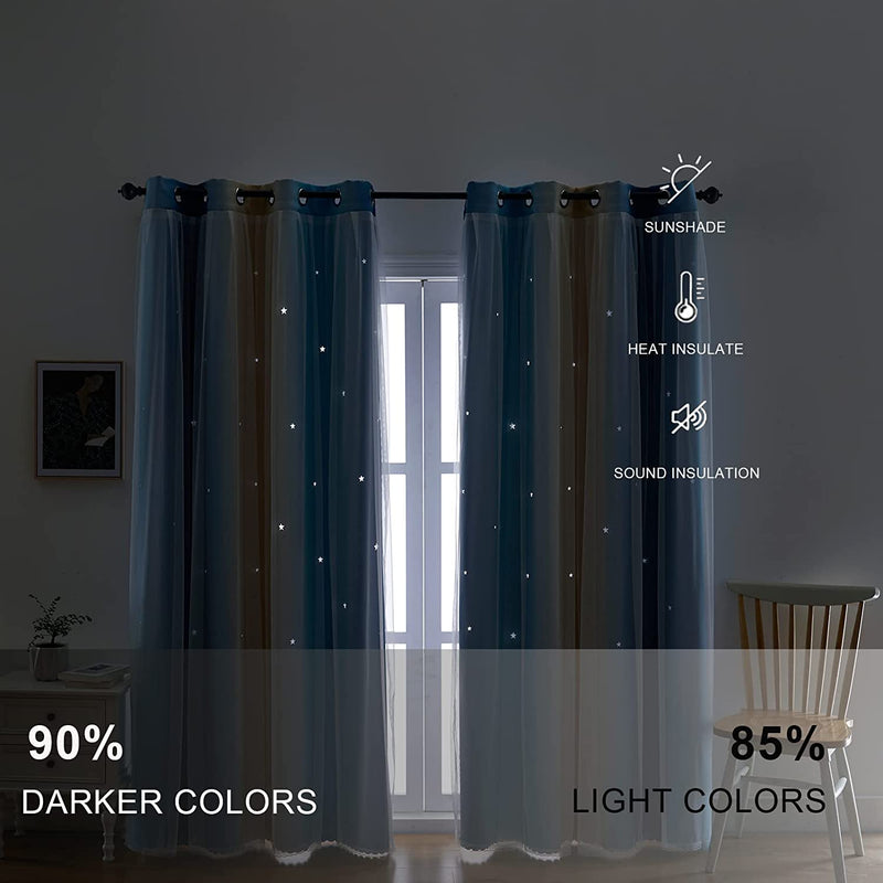 INDISTAR Star Blackout Curtains for Girls Kids Bedroom, Colourful Stripe Window Curtain Panels, 2 Layer Lace Drapes, Room Darkening Curtain for Living Room Decor, 2 Panels (Blue W52 X L63 Inch Home & Garden > Decor > Window Treatments > Curtains & Drapes Indistar   