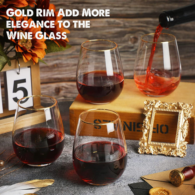 Stemless Wine Glasses with Gold Rim, Set of 8, 15 Oz Red Wine Glasses Durable Wine Glasses Crystal Drinking Glasses Drinkware for Christmas Party, Wedding All Beverages